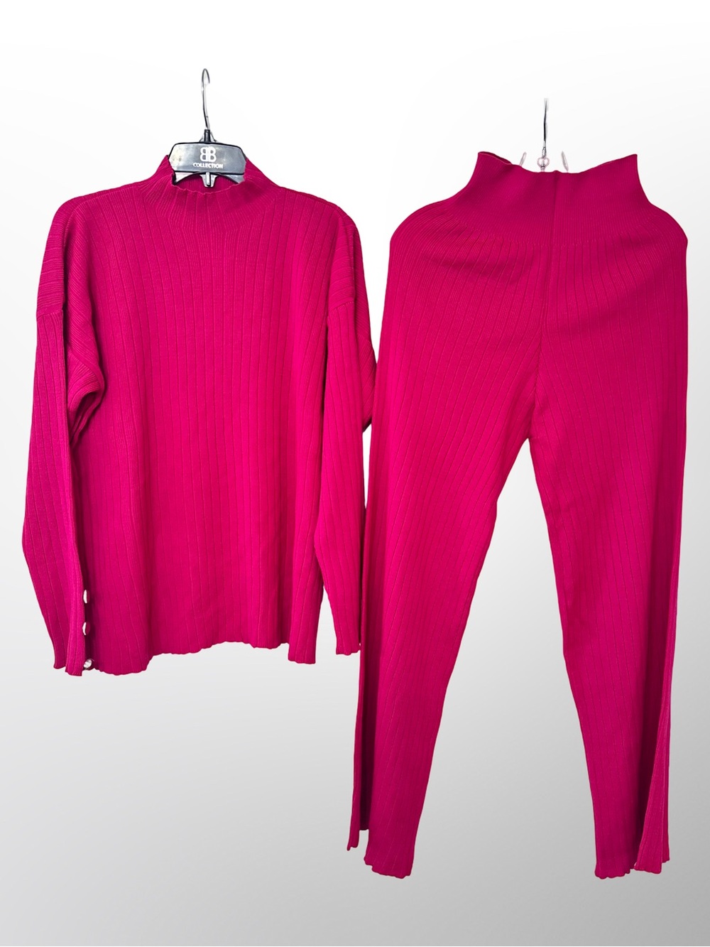 Ribbed Mock Neck Top & High-Waist Leggings Set - Hot Pink